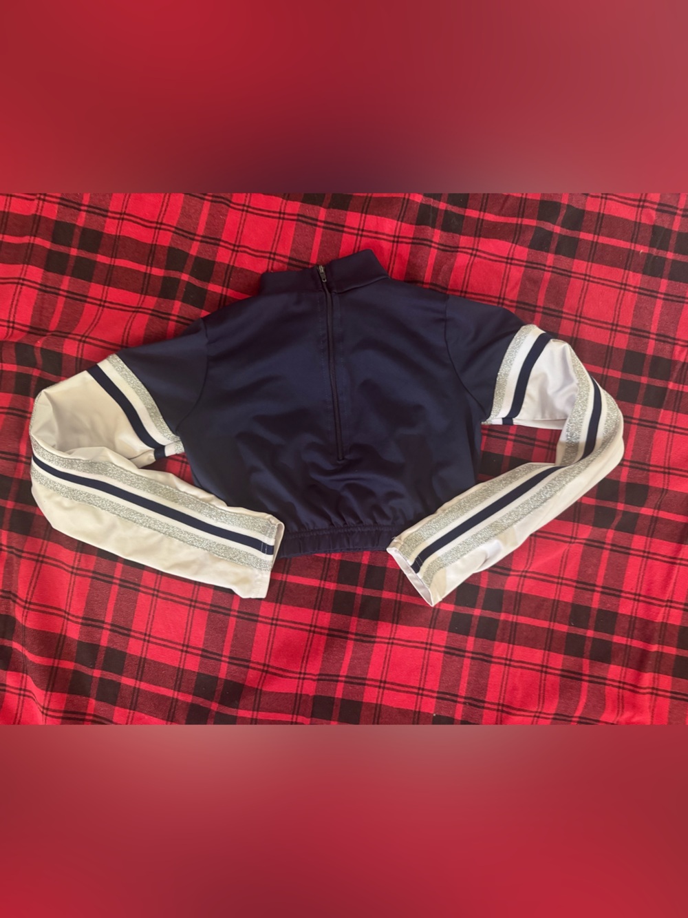Girls youth large Navy,silver, White Girls Crop cheer / dance warmup mock Top